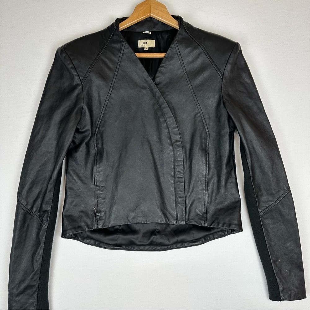 June Asymmetrical Leather Crop Jacket Black